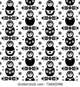 Russian doll vector seamless pattern -  Matryoshka, folk art design in black and white 
Monochrome Russian dolls retro repetitive background with flowers  