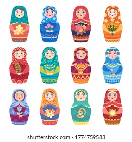 Russian dolls. Authentic traditional toys matryoshka little girls with botanical decoration flowers vector colored collection