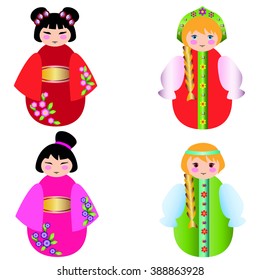 Russian Dolls And The Chinese  Doll Together On White 