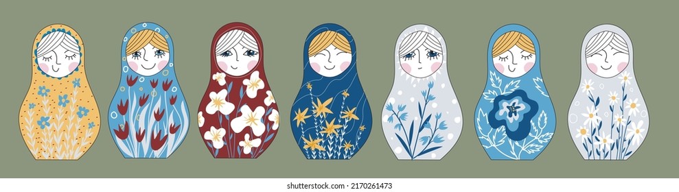 Russian dolls with different flower patterns and different face expressions on grey background. Vector illustration