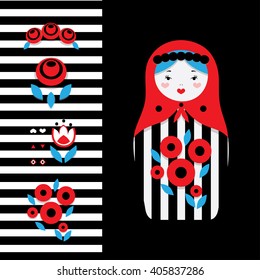 Russian dolls - matryoshka and decorative elements for design. Vector illustration.