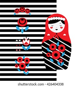 Russian dolls - matryoshka and decorative elements for design. Vector illustration.