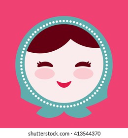 Russian dolls matryoshka face, pink blue green colors colorful bright pink background. Vector