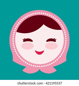 Russian dolls matryoshka face, pink blue green colors colorful bright blue background. Vector