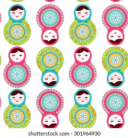 Russian dolls matryoshka on white background, seamless pattern, pink and blue colors. Vector