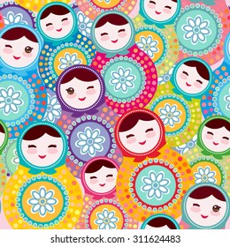 Russian dolls matryoshka, pink blue green colors colorful bright, seamless pattern. Vector