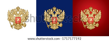 Russian Double-headed eagle, gold handcraft Russian Empire and Russian Federation heraldic coat of arms handmade author vector version on a transparent, white, blue and red background    