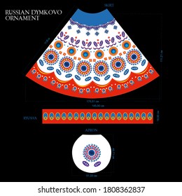 Russian Dymkovo ornament.  
Design for Russian folk costume, dress, skirt, apron, fabrics, packaging, curtains, tablecloths and more. - Vector.
