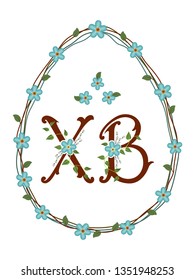 Russian easter with floral wreath. Vector Orthodox Easter illustration. Russian abbreviation letters for Christ is Risen with forget-me-not flowers and willow branches. For card, banner, poster