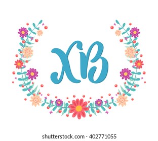 Russian easter greeting card. Abbreviation translated as Christ is risen. Floral wreath on white background.