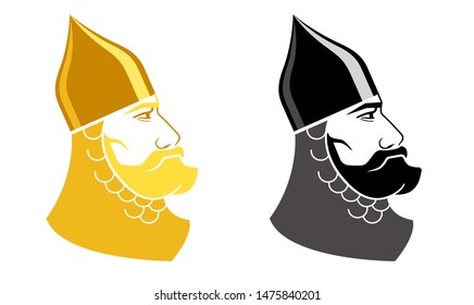 Russian epic hero (Bogatyr) in helmet with beard. Isolated on white background. Vector illustration.