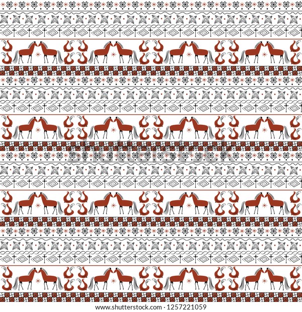 Russian ethnic\
mesenka-style pattern with horses. Swatch included. Vector\
illustration. Border\
element.