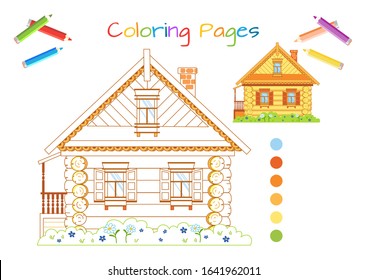 Russian fabulous wooden house. Coloring book. Educational game for children. Cartoon vector illustration