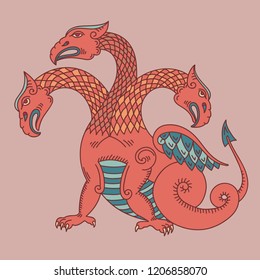 Russian fairy dragon with three heads. Vector illustration