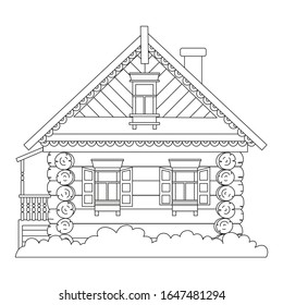 Russian fairy log hut. Old wooden house. Coloring book