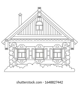 Russian fairy log hut. Old wooden house. Coloring book