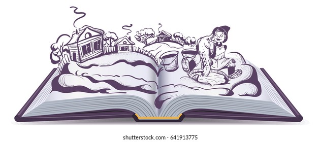 Russian Fairy Tale Emelya and Magic Pike. Isolated on white open book vector illustration