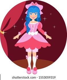 Russian fairy tale Golden key, Buratino. Cute doll puppet girl with blue hair in a pink dress with circles and bows in white stockings and a bow on her head, Malvina toy