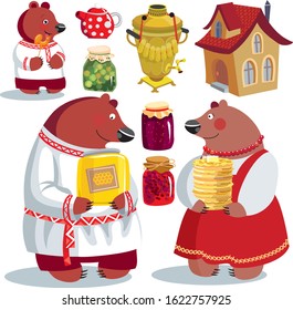 Russian fairy tale three bears, Maslenitsa, family, set of characters