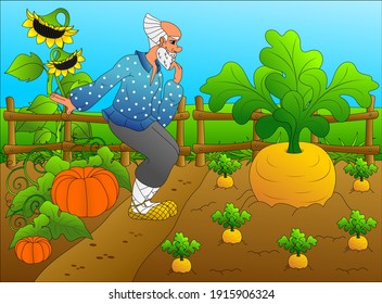 Russian fairy tale turnip. Old man in a vegetable garden