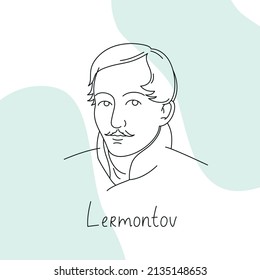 Russian famous writer - Mikhail Lermontov. Minimalistic line portrait with color spots. Stylized and funny Portrait of Mikhail Lermontov. Russian writer, vector line illustration with spots.