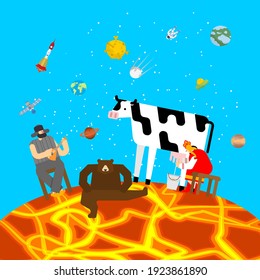 Russian farm on Mars. Woman milks cow. Man plays balalaika. Bear is dancing. Russian village in space