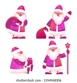Russian Father Frost - "Ded Moroz". Vector cartoon illustration. Christmas, New Year Father Frost in red coat. Santa Claus Christmas set with bag, give gift box, hold stick. Character, mascot design.
