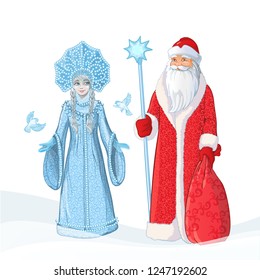 Russian Father Frost also known as Ded Moroz and his granddaughter Sneguroschka . Vector cartoon illustration.