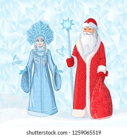 Russian Father Frost also known as Ded Moroz and his granddaughter Sneguroschka . Vector cartoon illustration on ice polygonal background.