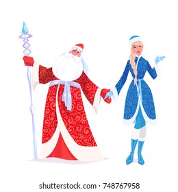 Russian Father Frost also known as "Ded Moroz"  and his granddaughter "Sneguroschka". Vector cartoon illustration.