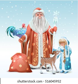 Russian Father Frost, Snow Maiden, blue rooster symbol 2017 and fawn. Vector template illustration for greeting card