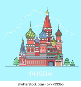 Russian Federation design template. Linear Flat famous historic sight; cartoon style web site vector illustration. World travel and showplaces St. Basil Cathedral in Moscow. Vacation collection. 