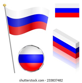 Russian Federation Flag On A Pole, Badge And Isometric Designs Vector Illustration. 