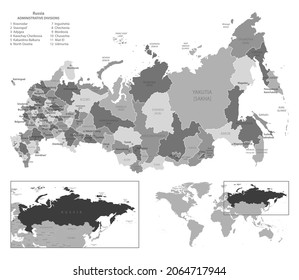 Russian Federation - highly detailed black and white map. Vector illustration