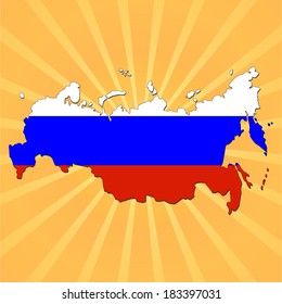 Russian Federation map flag on sunburst illustration 