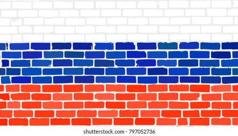 Russian Federation national flag on brick wall texture background. Vector grunge illustration.