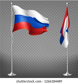 Russian Federation official national tricolor flag fluttering in wind and lying calm on metal flagpole 3d realistic vector illustration isolated on transparent background. Russia national symbolic