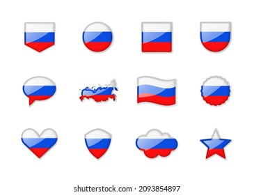 Russian Federation - set of shiny flags of different shapes. Vector illustration