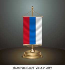 Russian Federation Vertical table flag with golden pole on dark gradient background, Template banner vector Illustration