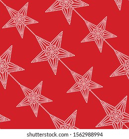 Russian five pointed Kremlin star seamless pattern. Christmas mosaic  stars in garlands on red background. New year celebrations ornament of dotted stars. Print for gift paper. Vector Illustration.