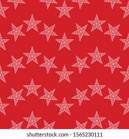 Russian five pointed Kremlin star seamless pattern. Christmas mosaic beads stars on red background. New year celebrations ornament of dotted stars in chevron.Print for gift paper. Vector Illustration.