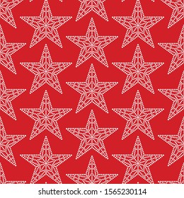 Russian five pointed Kremlin star seamless pattern. Christmas mosaic beads stars on red background. New year celebrations ornament of dotted stars in chevron.Print for gift paper. Vector Illustration.