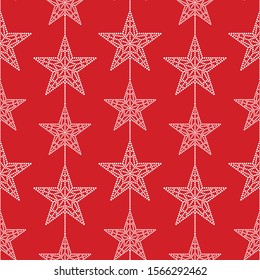 Russian five pointed Kremlin star seamless pattern. Christmas mosaic beads stars garlands on red background. New year celebrations ornament of dotted stars. Print for gift paper. Vector Illustration.