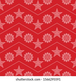 Russian five pointed star and snowflakes chevron seamless pattern. Christmas mosaic beads stars, snowflakes and garlands on red background. Print for gift paper. Vector Illustration.