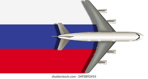 Russian flag with an airplane flying over it close up. Vector image.