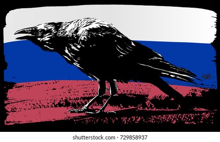 Russian flag with black crow on it.