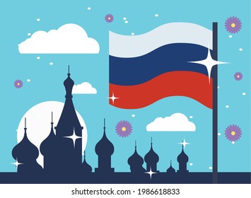 russian flag and cathedral silhouette