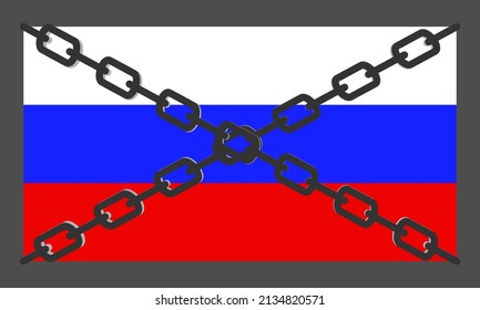 Russian flag in chains. Country isolation, conceptual banner. Sanctions against Russian aggression. Trade embargo. Flat vector illustration