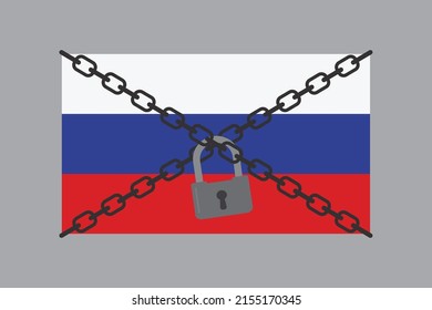 Russian flag in chains and under lock and key. Country isolation, concept banner. Economic sanctions against the aggressor. Ban on transport services. Trade embargo. Flat Vector illustration