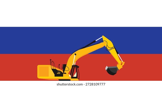 Russian flag and excavator background. Mining and industry